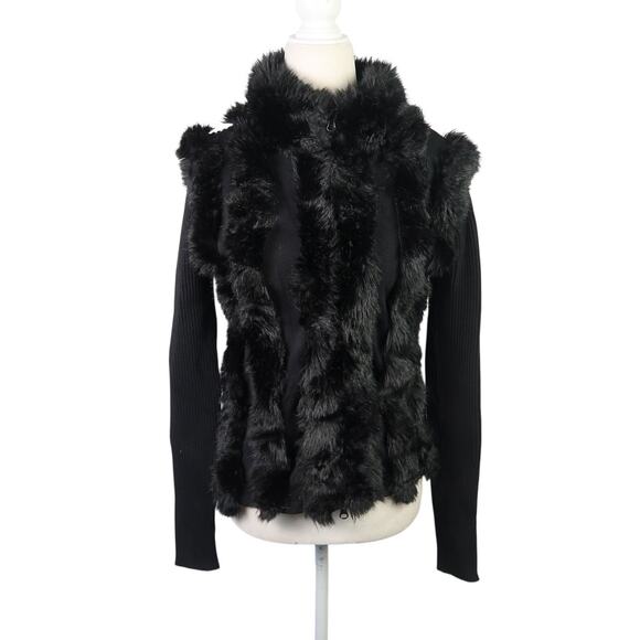 Vintage Y2K Cache Black Knit Faux Fur Trim Zip Front Jacket Large - Picture 1 of 6